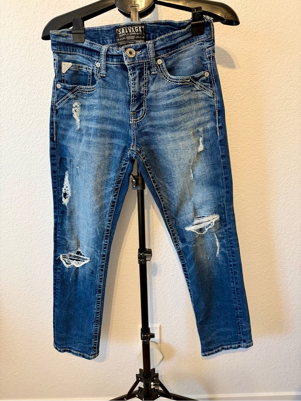 Salvage Men’s Distressed Blue Slim Straight Jeans